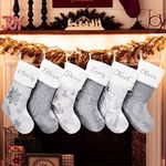 GEX Personalized Christmas Stockings 6 Pack Custom Name for Family with Names Silver White Satin Large 20" with Sequins Rhinestones Faux Fur Embroidery Classic Fireplace Decoration (Set of 6)