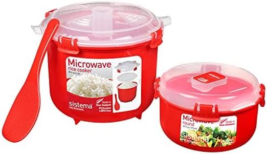 Sistema 82001 Microwave Rice Cooker (2.6L) and Round Microwave Food Container (915ml) BPA-Free, Red/Clear