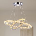 Finktonglan Modern LED Crystal Chandelier 19.7 x 11.8 inches Ceiling Pendant Light 2 Rings Adjustable Stainless Steel Lighting Fixtures Dining Room Living Room (Warm White)