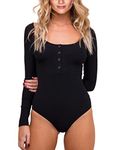 Queen.M Women's Basic Solid Bodysuit Single Breasted Long Sleeve Bodycon Jumpsuit Stretchy Romper Leotard Tops (Black, S)