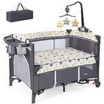 INFANS Baby Travel Cot, 5 in 1 Foldable Baby Bedside Sleeper with Bassinet Diaper Changer Mattress Carry Bag Music Box Hanging Toys, Portable Crib Playard Pack and Play for Newborn Infant (Bear)