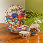 ExclusiveLane 'Hut Dining' Handpainted Ceramic Dinner Set Ceramic Plates for Dinner Plates with Ceramic Bowls Katoris (8 Pieces, Serving for 4, Dishwasher & Microwave Safe) - Dinnerware Sets,Floral