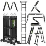 RIKADE Folding Ladder, 7-in-1 Aluminium Extension Collapsible Step Ladder with Tool Tray, Platform Plates, 330LBS Capacity Heavy Duty Multi Purpose Scaffold Ladder for Home Use Outdoor Work