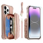 MONASAY Fit for iPhone 14 Pro Max PU Leather Zipper Wallet Case for Women,[Glass Screen Protector][RFID Blocking] Handbag Phone Cover with Card Holder & Crossbody Lanyard Strap, Rosegold