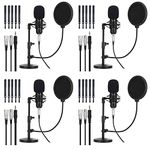 4 Pack XLR Condenser Microphone Professional Studio Cardioid Microphone Kit Includes Cardioid Mics Shock Stand Windproof Cotton Blowout Net Metal Stand Male Female Cable for Podcasting Recording