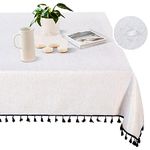 MYSKY HOME Table Cloth Nappe de Table Rectangulaire Linen Boho Tablecloth Waterproof Table Cover for Kitchen Dining Party Holiday Wedding Banquet, 60x84 Inch, Beige with Black Tassels