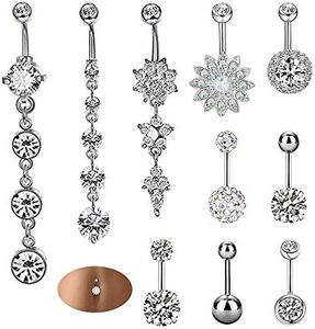 10 piezas Barras de vientre - Acero quirúrgico CZ Piercing Barras de ombligo colgantes, Juego de anillos de ombligo para mujer Kit de joyería para piercing corporal de acero inoxidable plateado