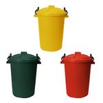 TENLITE (Set of 3) 50 Litre Yellow, Dark Green and Red Heavy Duty Plastic Clip Lock Lid Bin Indoor or Outdoor Rubbish, Trash Can, Dustbin Waste or Storage of Animal Feed.