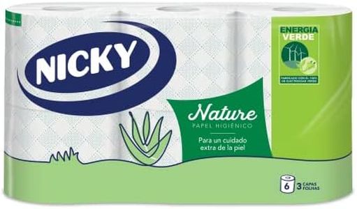 Nicky Nature Papel Higiénico, 6 Rollos, 3 Capas, 170 Servicios Por Rollo. Enriquecido Con Loción De Aloe Vera, color Blanco, 9,8 x 13cm