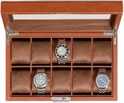 ROTHWELL 10 Slot Leather Watch Box - Luxury Watch Case Display Organizer, Ultra Soft Microsuede Liner, Locking Jewelry Watches Holder With Large Glass Top (Tan/Brown)