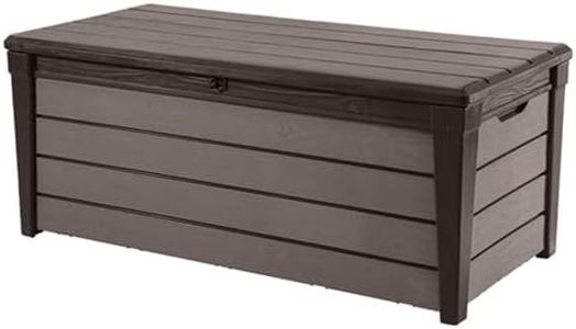 Keter Brushwood 120 Gallon Resin Large Deck Box for Patio Garden Furniture, Outdoor Cushion Storage, Pool Accessories, and Toys, Brown