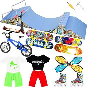 Aestheticism Half-Pipe Ramp Skate Park Kit, Bigger Fingerboard Ramps Set with 10 pcs Finger Toys Set Including Fingerboard, Bike, Scooters, Apparel & Big Non-Slip Mat