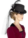 Smiffys Deluxe Ladies Victorian Top Hat, with Elastic, Bla Inner Rim, Attached Veil, Feathers & Brooch, Historical Fancy Dress, Adult Dress Up Hats