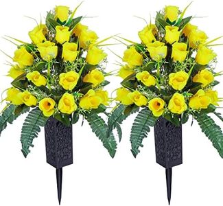 LVXINLI 2 Sets Artificial Cemetery Flowers,Outdoor Grave Decorations Roses,Beautiful Arrangements Bouquet with Cemetery Vase,Lasting and Non-Bleed Colors (Yellow)