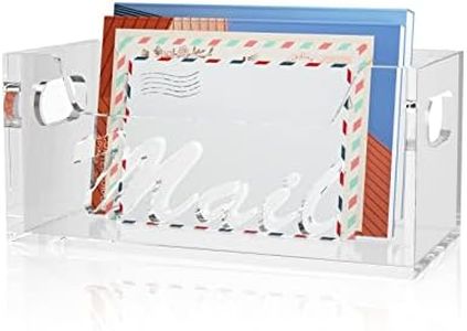 wishacc Transparent Acrylic Mail Holder Box, Decorative Bill & Letter Sorter for Desk, Countertop Vertical Envelope Storage Basket/File Folder Organizer/Paper Divider Tray