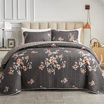 3 Pieces King Size Quilt Set, Dark Gray Floral Reversible Bedspread Coverlet Set, Soft Microfiber Lightweight Bed Cover for All Season (102" x 90", 1 Quilt+ 2 Pillow Shams)