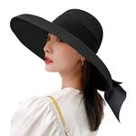 Wide Brim Straw Hat for Women Fedora Summer Sun Visor Hat Floppy Foldable Roll up Beach Sun Hat UV Sun Protection Travel Outdoor Straw Hat Fashion Bowknot Trilby Bowler Hat for Seaside Holiday Party