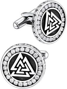 Silver Cufflinks for Men - Classic Wedding Business Shirt Cuff Links - Retro Valknut Symbol Round Cufflink Shirts for Son Husband Boyfriend Brothers
