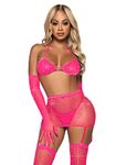Leg Avenue 81617-02922 5 Pc Rhinestone Fishnet Garter Skirt Set with Bikini Top, G-String, Gloves, and Matching Stockings, O/S, Neon Pink, Multi, One Size