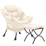 Youtanic Lazy Chair with Folding Ottoman, Accent Chair Velvet Upholstered with Metal Structure and Non-Slip Pads, Sofa Armchair with Footrest and Side Storage Bag for Dorm, Room, Office, Beige
