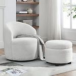 DAMAIFROM Swivel Barrel Chair with Ottoman, 360 Degree Swivel Round Chair，Modern Upholstered Round Accent Arm Chairs,Teddy Living Room Barrel Chair, Suitable for Living Room, Bedroom, Office (White)