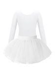 FEESHOW Girls Ballet Tutu Dress Long Sleeve Basic Gymnastic Dance Leotard Dress with Tutu Skirt Ballerina Performance Costume White 9-10 Years