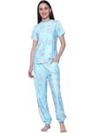 Preneum Women's Printed Night Suit Set - Cozy Blue Pajama Set, Top and Bottom Nightwear, Comfortable Night Dress & Co-ord Set for Women