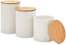 Farmlyn Creek Set of 3 White Ceramic Canisters with Airtight Wooden Bamboo Lids, Kitchen Counter Containers, Food Storage Jars, Ideal for Storing Sugar, Coffee, Snacks and Other Dry Goods, (3 Sizes)