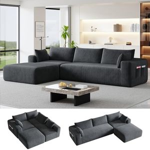Domiqut 110”Modular Sectional Couches for Living Room, Modern Modular L-Shape Sofa Couch with Chaise, Deep Seat Boneless Sofa Bed, No Assembly Required Sleeper Sofa, Plush Corduroy Fabric, Dark Gray