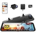 WOLFBOX 12" 4K Rear View Mirror Camera, Smart Full Touch Screen Mirror Dash Cam Front and Rear, Backup Camera with 1080P Rear Camera, Dash Cam with WDR Camera, Night Vision, Included 64GB Card & GPS