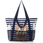 HOMESPON Beach Bag Large Waterproof Sandproof Foldable Tote for Women with Zipper and Mesh Pockets for Pool Cruise Travel Everyday (Blue Stripe)