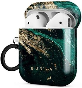 Burga Airpod Hardcase Compatible with Apple Airpods 2 & 1 Charging Case, Emerald Green Jade Stone High Fashion Luxury Gold Glitter Marble Cute Case for Girls, Protective Hard Plastic Case Cover