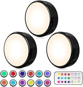 HELPLEX Puck Lights with Remote, Colors Changeable LED Puck Light Battery Powered Dimmable Under Cabinet Lights Wireless Under Counter Light RGBW Push Light, Timing & Memory Function, Black, 3 Pack