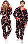 Tipsy Elves Christmas Onesies for Adults - Comfy Unisex Matching Holiday Jumpsuits with Convenient Pockets - Cozy Black Candy Cane Lane Christmas Jumpsuit Size Large