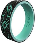 QALO Women's Rubber Silicone Ring, Flora Strata Rubber Wedding Band, Breathable, Durable Engagement Silicone Ring, 6mm Wide 1.85mm Thick, Black & Aqua, Size 5