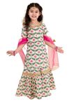 Pspeaches Girls Off White Floral Yoke Design Empire Pure Cotton Kurti With Skirt With Dupatta Suit Set (White-8-10Y), 12-14 Years