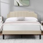 VECELO Full Size Upholstered Platform Bed Frame with Tufted Adjustable Headboard/Mattress Foundation/Wood Slat Support,Easy Assembly,Beige