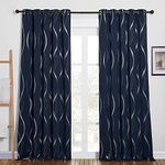 PONY DANCE Decorative Foil Blackout Curtains for Bedroom - 66 x 90 Inch, Eyelet Thermal Curtains Soundproof for Living Room, Saving Energy Printed Silver Wave Line Drapes, Navy Curtains, 2 Panels