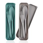 Travel Cutlery Set with Case, 2Pack Portable Cutlery Set Reusable Plastic Forks Spoon Tableware, Camping Cutlery Set for Travel Picnic Outdoor Office School Lunch Box or Daily Use (Gray Green)