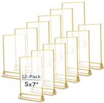 TonGass (12-Pack 5x7 Standard Double-Sided Acrylic Wedding Table Numbers Picture Frames, Clear Sign Holders with 3mm Gold Border & Vertical Stand