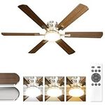 52 inch Modern Ceiling Fan with Light and Remote, Low Profile Flush Mount Farmhouse Ceiling Fan with Lights, Silver White Ceiling Fan with Light for Bedroom Living Room, 6 Blade, 6 Speeds