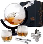 Oak & Steel - 1500ml World Globe Whiskey Decanter Sets for Men - Wine Decanter Set with Glasses of 2, Whiskey Stones, Ice Tong & Stand for Whiskey, Bourbon, Vodka, Tequila - Ideal Gifts for Men