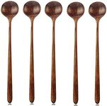 5 Piece Wood Spoons,Korean Style Wooden Soup Spoons,10.86-inch Long Handle Round Spoon Healthy Cutlery Set for Soup, Cooking Stirrer Kitchen Tool Utensils