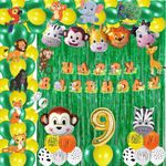 FI - FLICK IN 75 pcs 9th Birthday Party Decoration for Boys Animals Cutouts Banner Foil Balloons 9th Birthday Jungle Theme Decoration for Boys Lion King Party Decoration (Pack of 75, Green & Yellow)