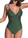 CUPSHE Women Swimsuit One Piece V Neck Tummy Control Ruched Front Low Back Bathing Suit Swimwear Green M