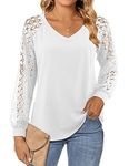 Beluring Womens Tops Casual V Neck T Shirt Elegant Lace Long Sleeve Blouse Tunic White Size 18 20