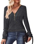 Gemulate Sweaters Plus Size Women Lightweight Zipper Jumpers V Neck Sweater Ladies Long Sleeve Tops Casual Striped Sweaters Sweatshirts Tshirt Dark Grey XXL