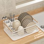 Dish Drainer Rack, 1-Tier Kitchen Dish Rack with Utensil Holder & Removable Drip Tray, Auti Rust Cutlery Holder Stand Dish Drainer Organizer Shelf Sink Dish Drying Rack for Kitchen Counter