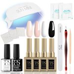 THR3E STROKES Gel Nail Polish Kit with U V Light, 4 Colors Gel Mini Salon, Base&Top Coat and Stickers, White Nude Ancora Red Gold Manicure Set, DIY Home Nail Art Decoration Kit, Fall Trend Gift for Women (GEL MINI SALON 44,43,93,76)