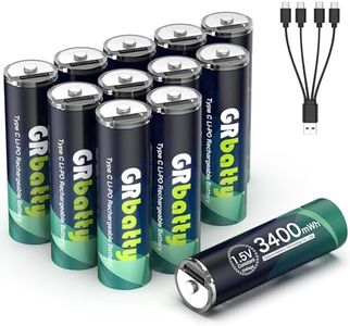 GRbatty Pilas Recargables AA 1,5 V USB 3400mWh Batería de Litio Alta Capacidad con USB con 4 en 1 USB Tipo C Cable, más de 1500 ciclos,Paquete de 12